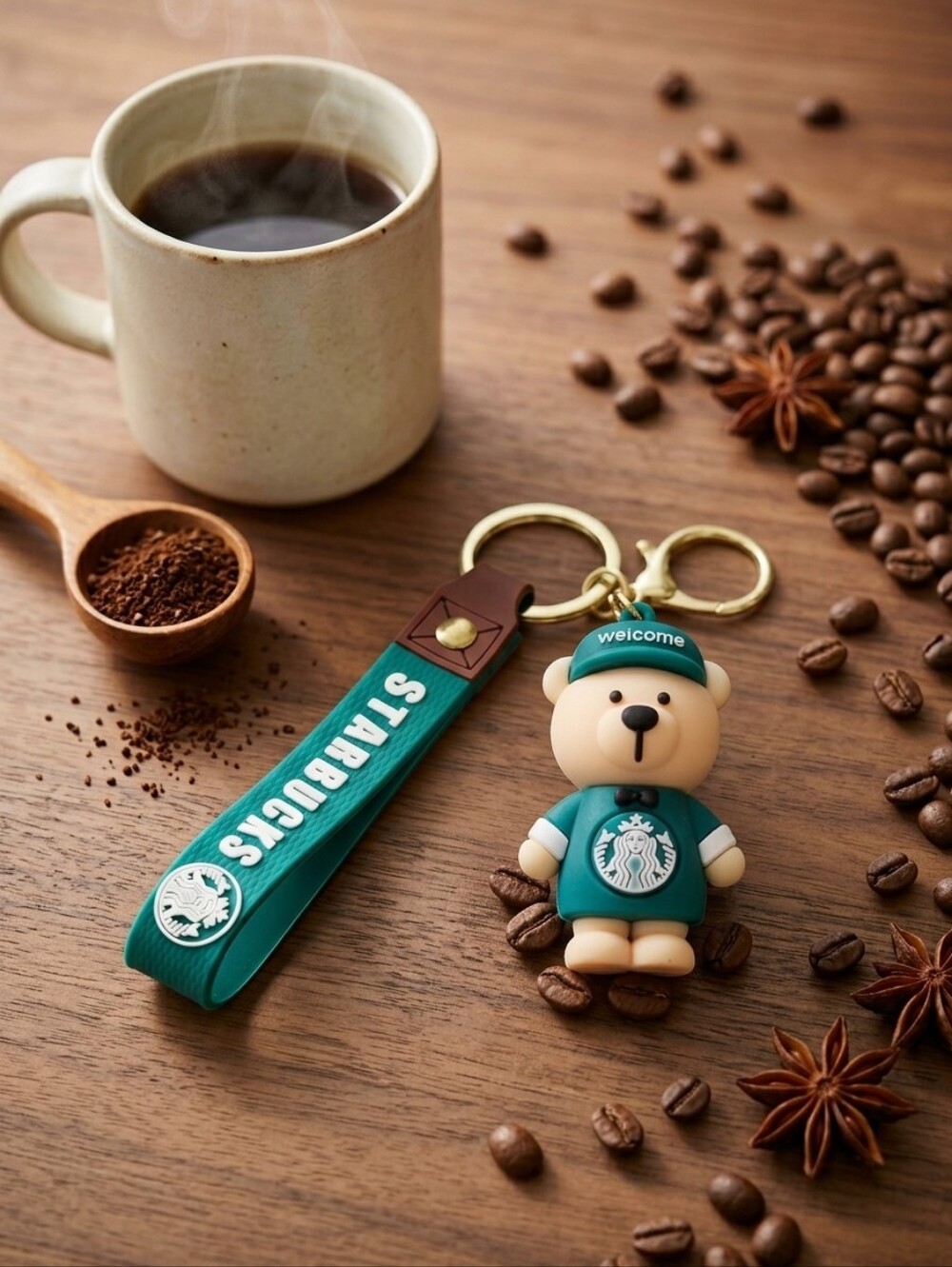 Starbucks Green Bear Keychain with Strap and Gold Ring